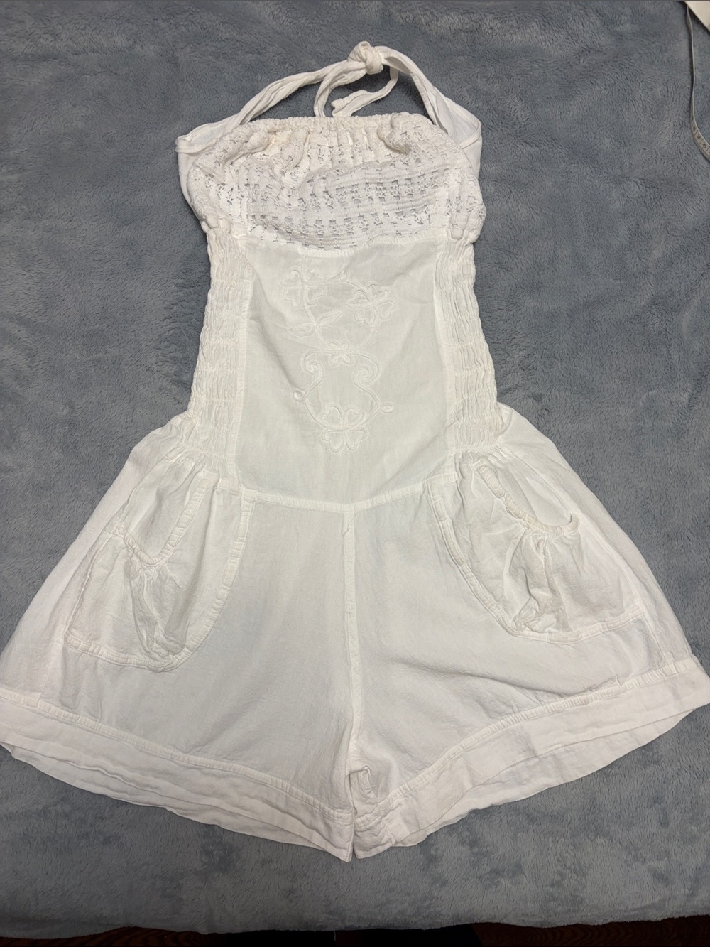 White Halter Romper with Embroidered Front